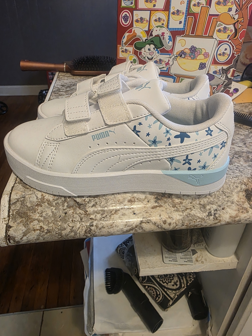 Puma Kids White Sneakers with Light Blue Star Accents